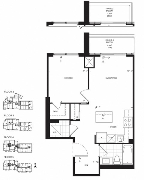 Floor plan for 1 bed, 1 bath, 558 sqft